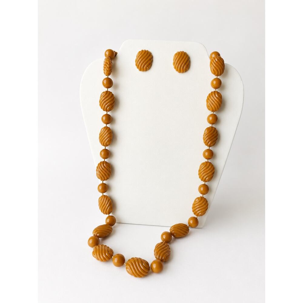 Vintage Avon Necklace Earrings Set Carved Beads Long Orange